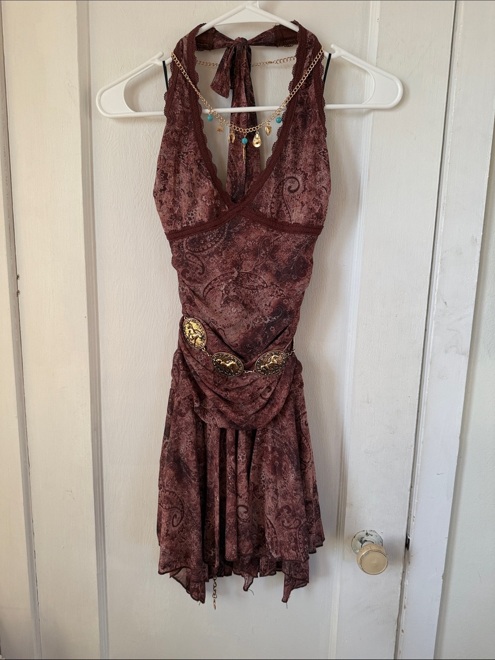 Bear Dance Burgundy Paisley Halter Velvet Dress with Gold Accents